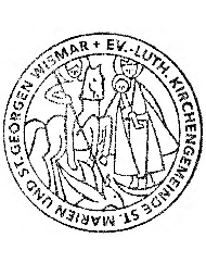 Das Siegelbild der Ev.-Luth. Kirchengemeinde St. Marien und St. Georgen Wismar zeigt die Heilige Maria neben dem Heiligen Georg, der auf einem Pferd reitend den Drachen tötet.