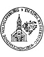 Kirchensiegel der Ev.-Luth. Reiherstieg-Kirchengemeinde Wilhelmsburg zeigt das Kirchengebäude der KG, daneben das Emmaus-Herz in der Form, wie es im Buntglasfenster der Kirche dargestellt ist.